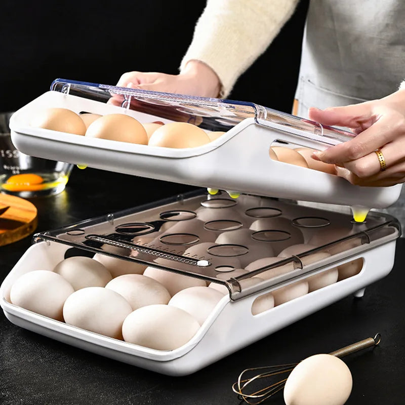 Double-layer egg holder for fridge being opened, storing eggs securely.