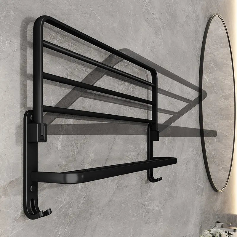 Matt Black Wall Mounted Towel Rail and Shelf with Hooks