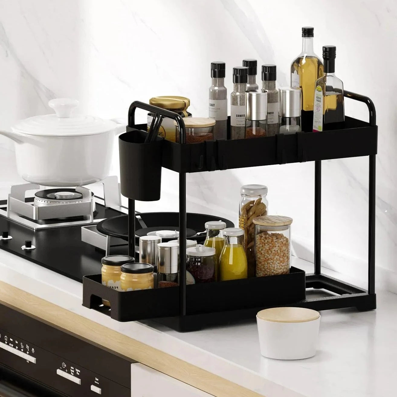 Shelf Organiser with Hooks and Sliding Tray Two Tier