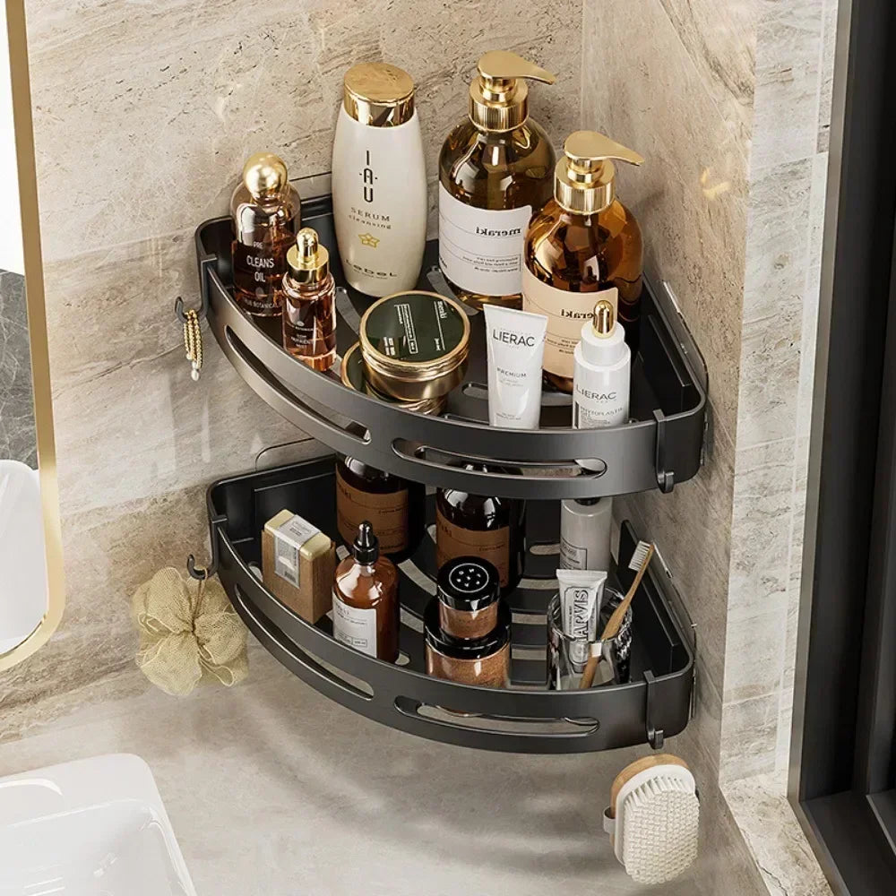 Double-layer corner shower caddy with toiletries.