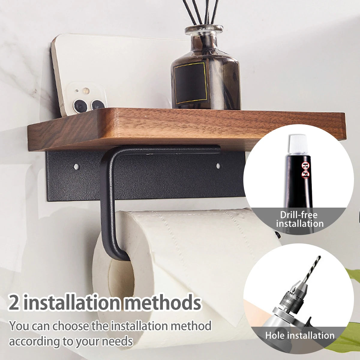 Wood Toilet Roll Holder with Storage Shelf