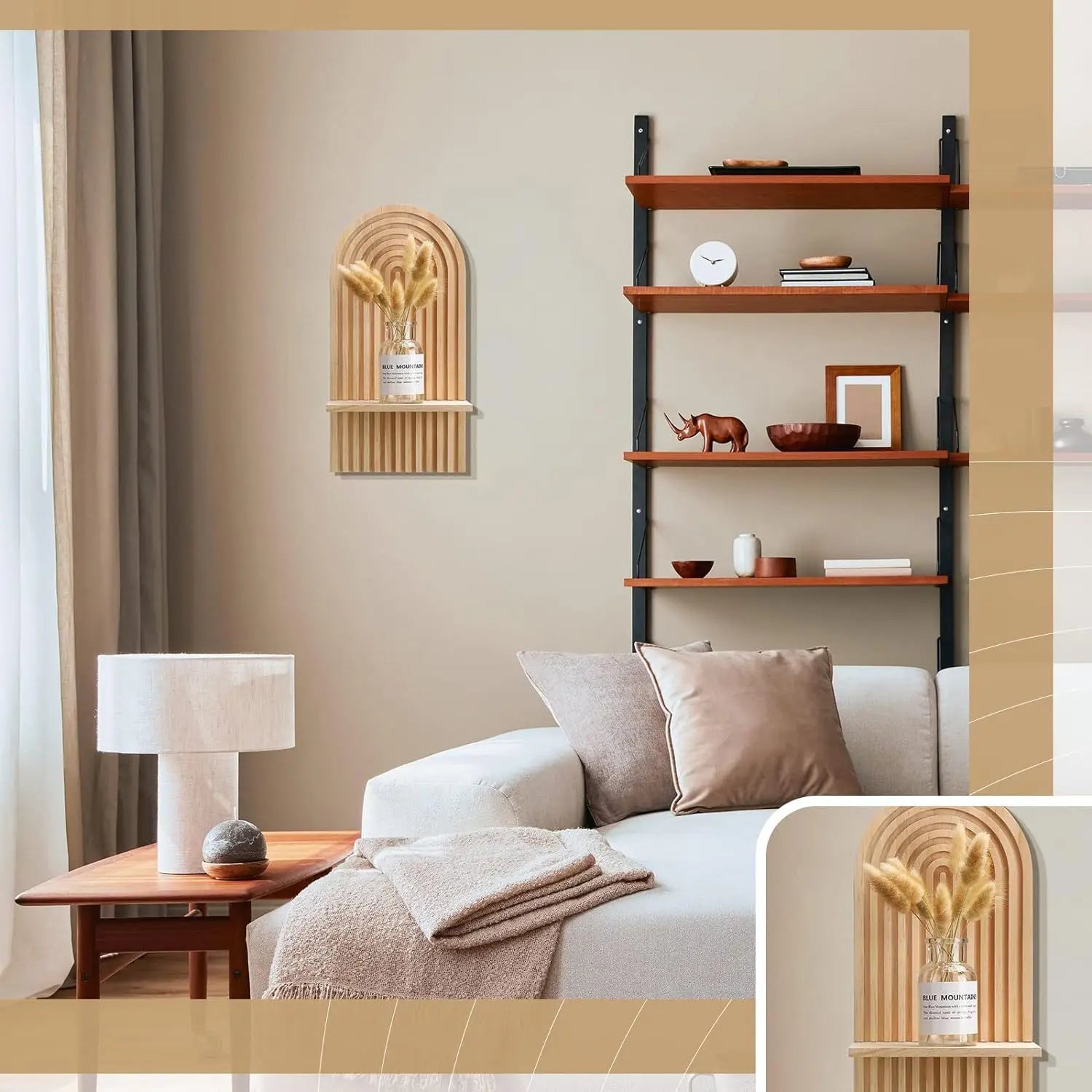 Wooden boho shelf hanging beside a white bed and ladder shelf.