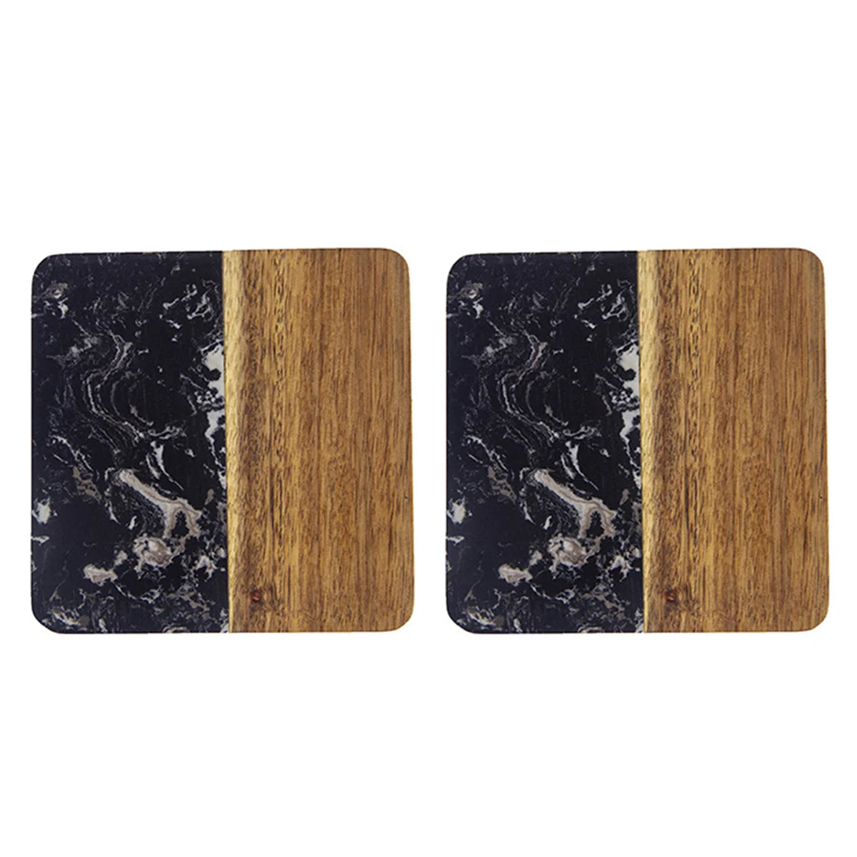 Two square coffee coasters with split dark marble and wood design.