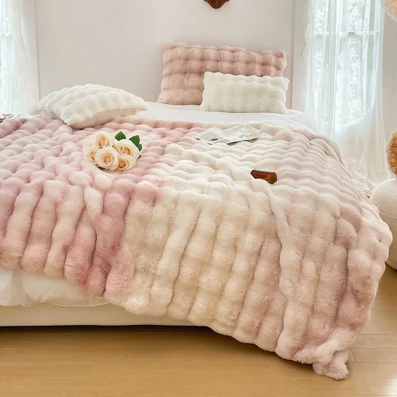 Chunky Waffle Faux Fur Throw Soft Fleece Blanket