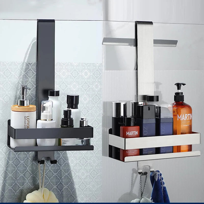 Double hanging shower shelf set holding various toiletries.