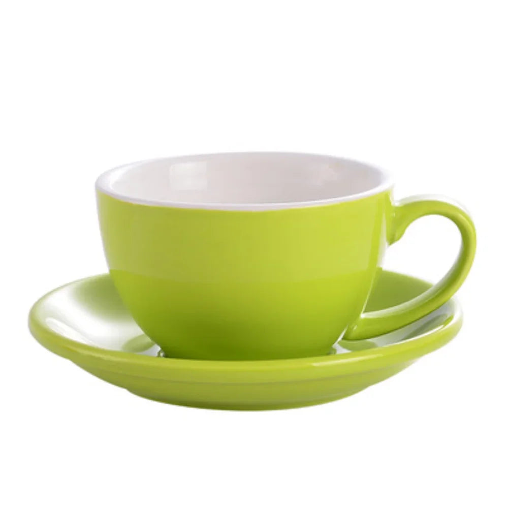 Bright green ceramic mug and saucer.