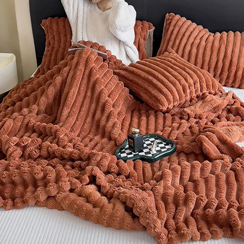 Faux Fur Ribbed Throw Soft Fleece Blanket