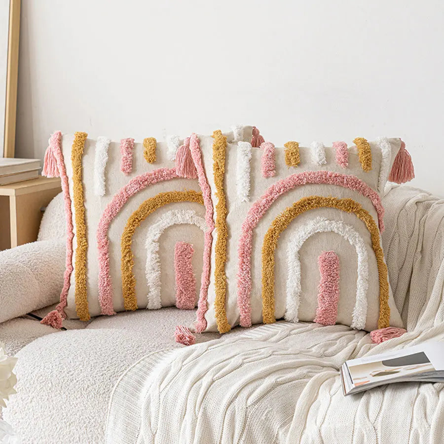 Pink Cotton Tufted Cushion Cover with Tassels