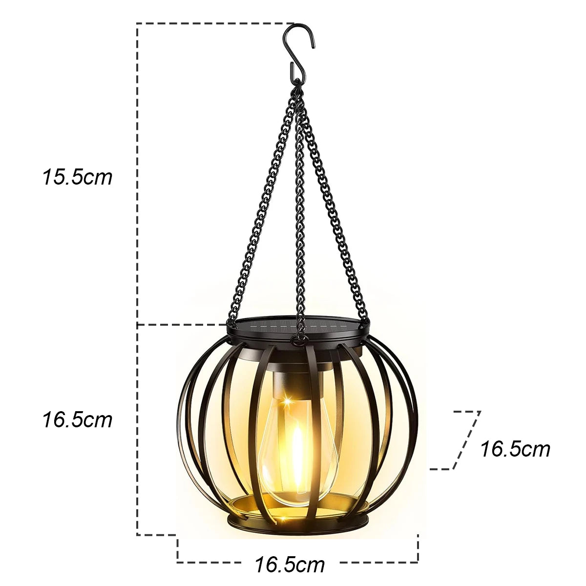 Mesh-style solar lantern with product size guide.
