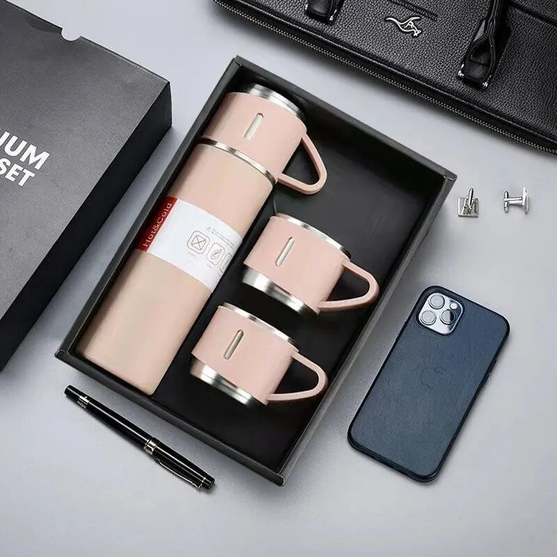 Travel Thermal Flask Set Insulated Water Bottle with Three Cups 500ml