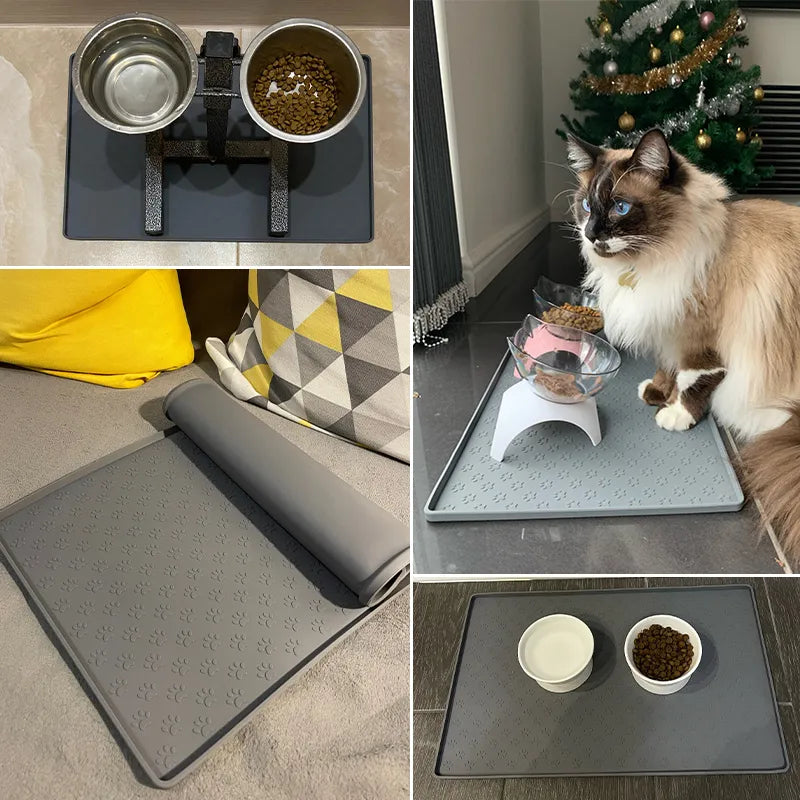 Silicone Pet Food Mat Non-slip Waterproof for Cats Dogs Paw Print Patten