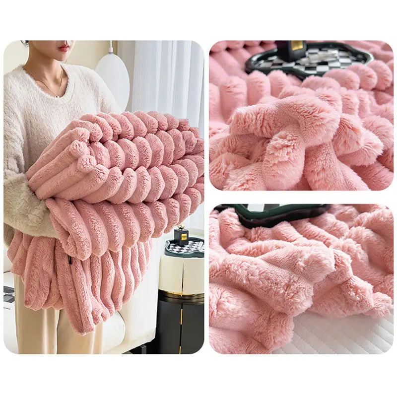 Faux Fur Ribbed Throw Soft Fleece Blanket