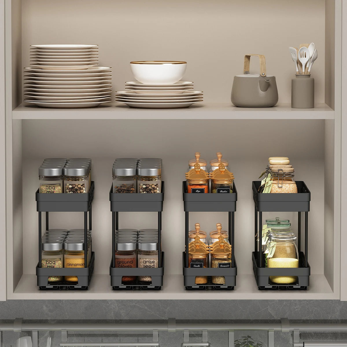 Two Tier Pull Out Kitchen Shelf Organizer