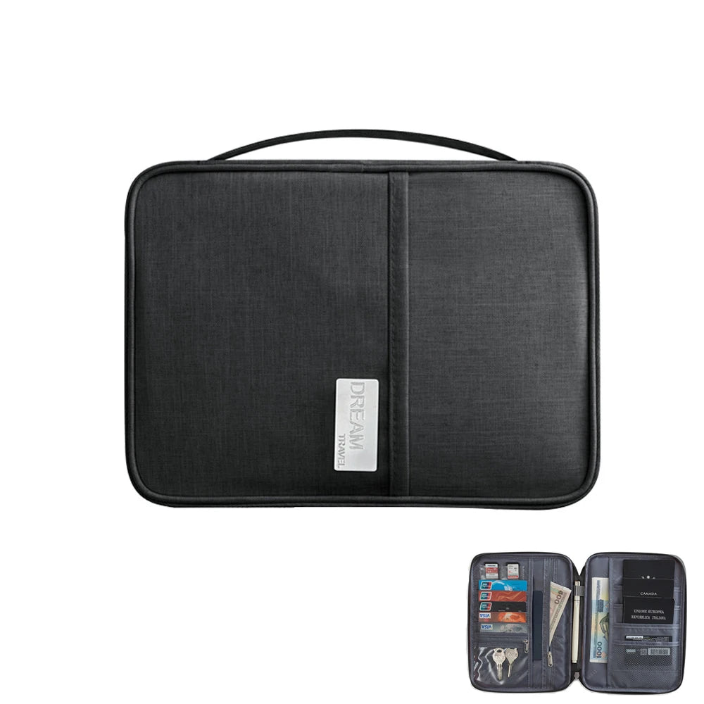 Black travel wallet, closed, with inset showing open interior for travel essentials.