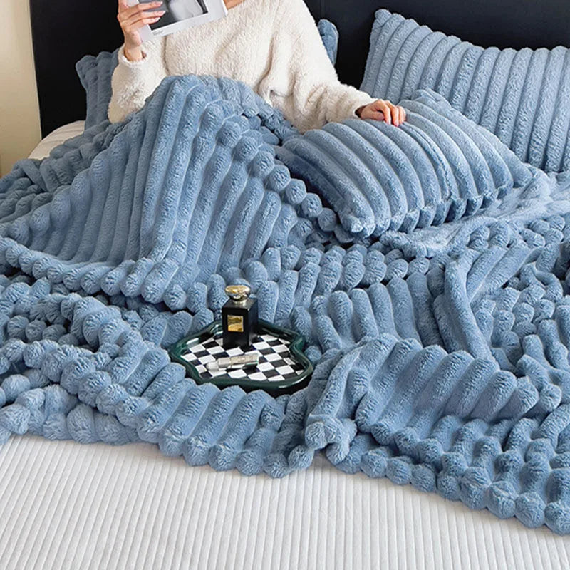 Faux Fur Ribbed Throw Soft Fleece Blanket