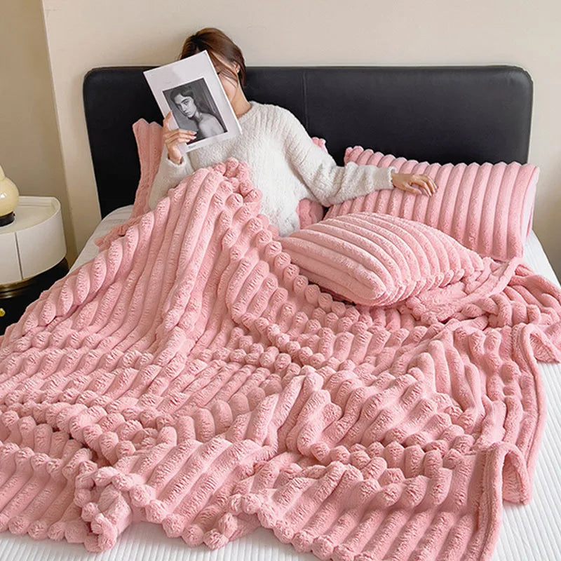 Faux Fur Ribbed Throw Soft Fleece Blanket