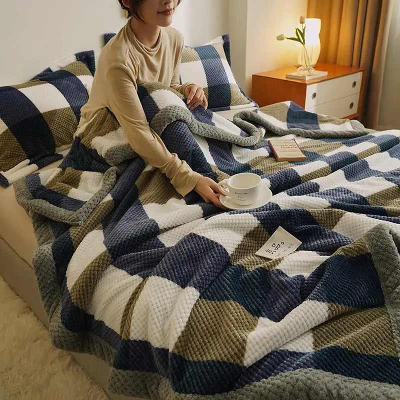 Faux Fur Pattern Throw Super Soft Blanket Waffle Checked Tartan