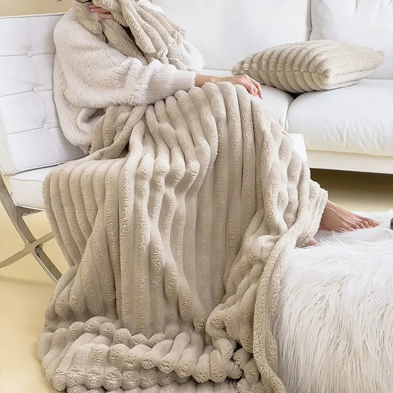Faux Fur Ribbed Throw Soft Fleece Blanket
