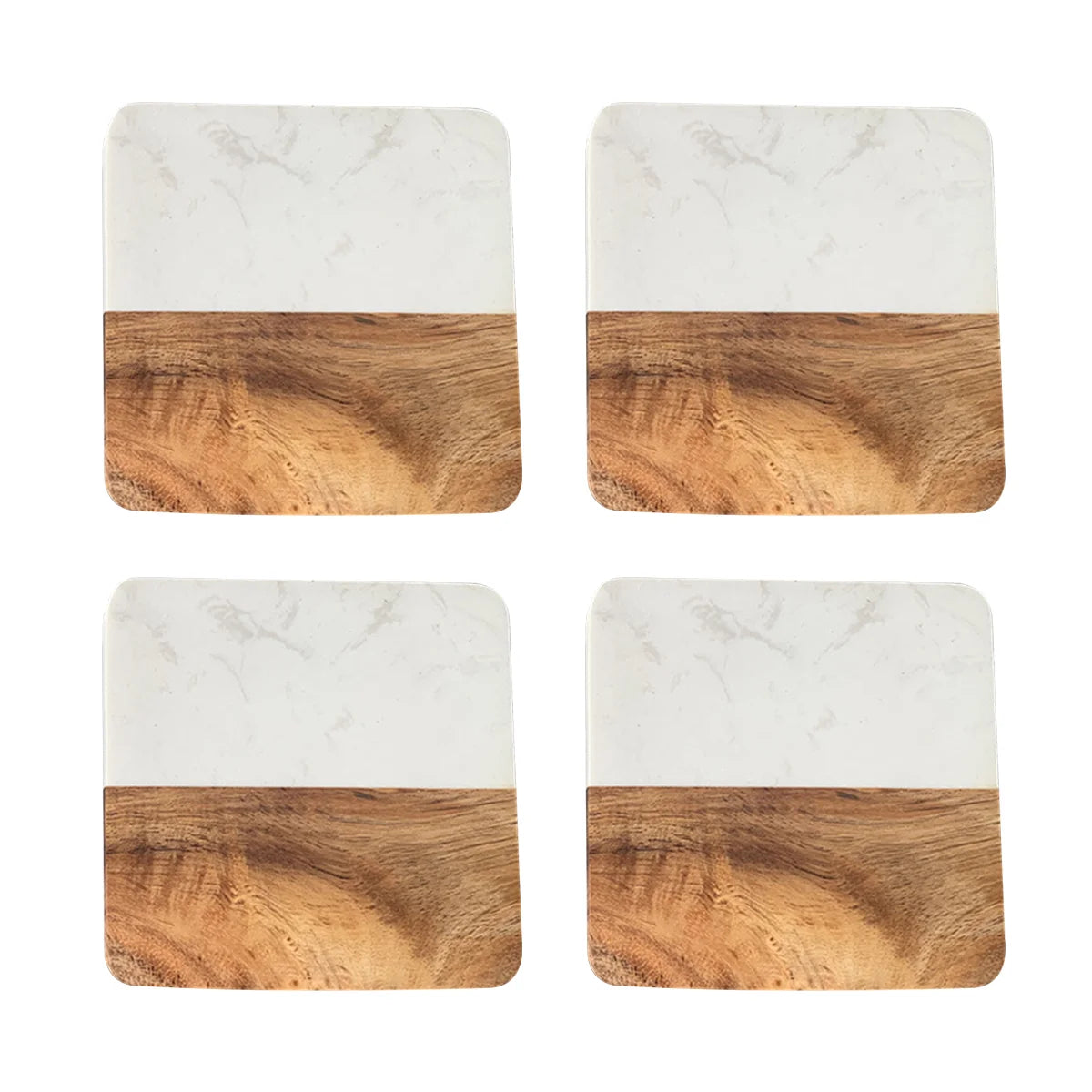 Four square coffee coasters with natural wood and marble texture, arranged in a grid.