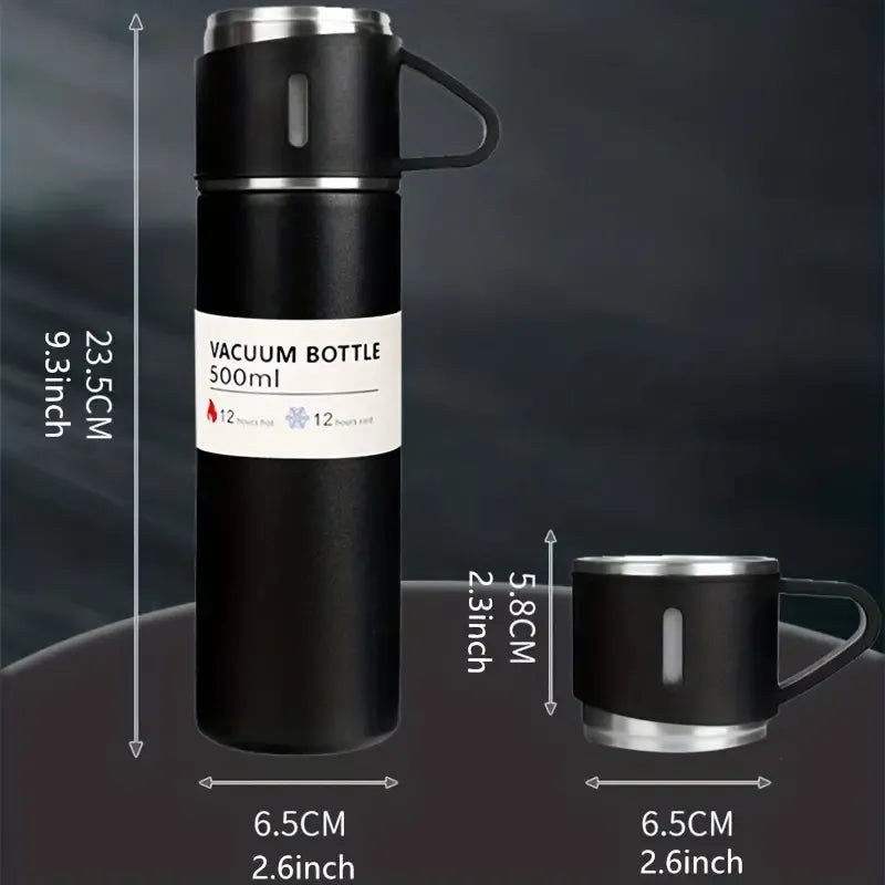 Travel Thermal Flask Set Insulated Water Bottle with Three Cups 500ml