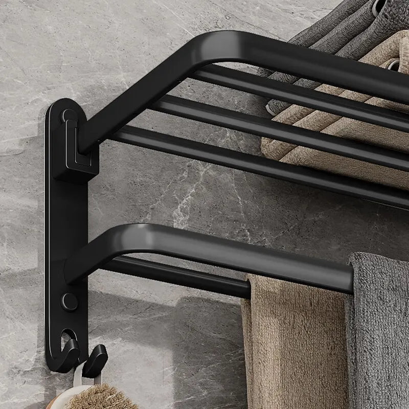 Matt Black Wall Mounted Towel Rail and Shelf with Hooks