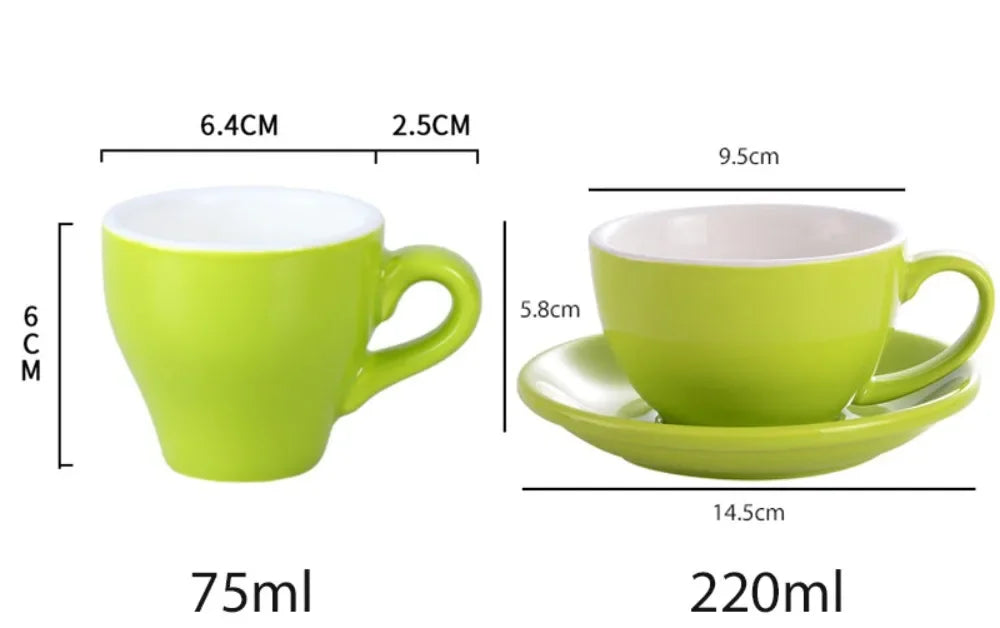 Two green ceramic mugs of different sizes.