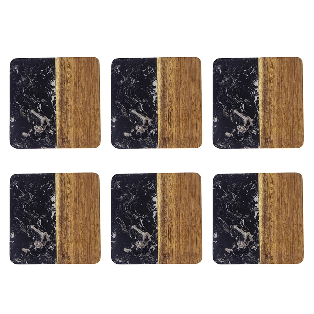 Six square coffee coasters combining natural wood and dark marble texture.