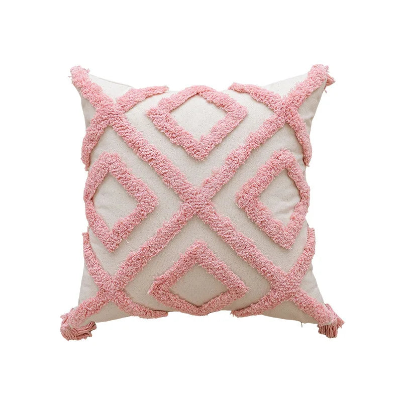 Pink Cotton Tufted Cushion Cover with Tassels