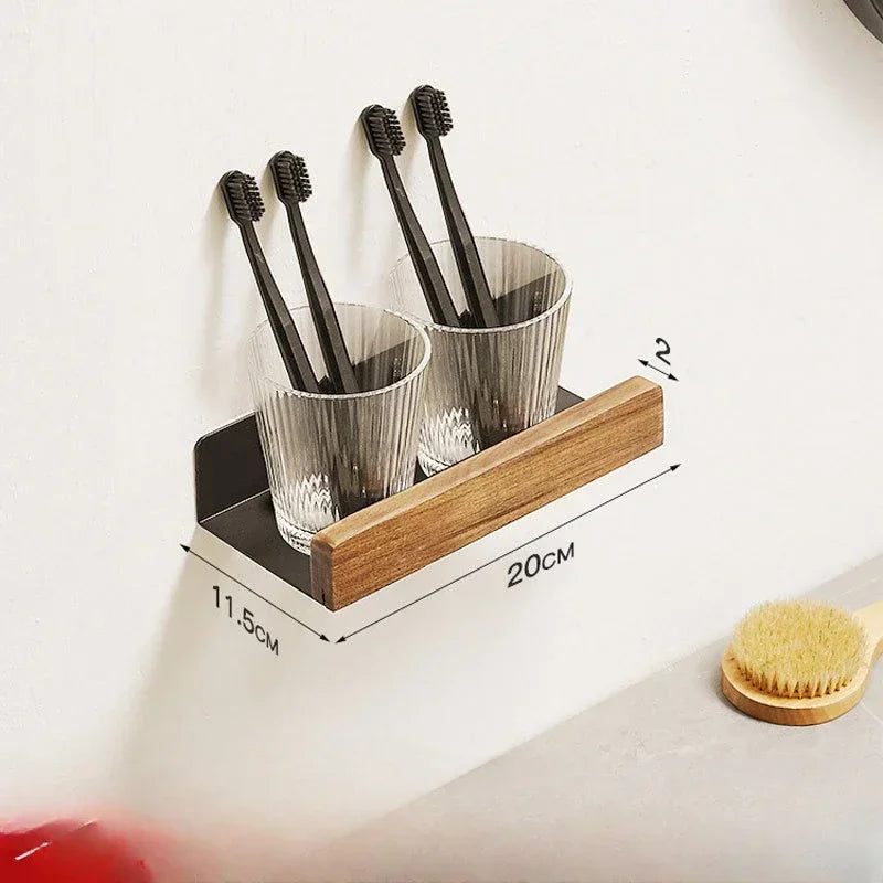 Small floating wood shelf with two toothbrush holders, showing dimensions.
