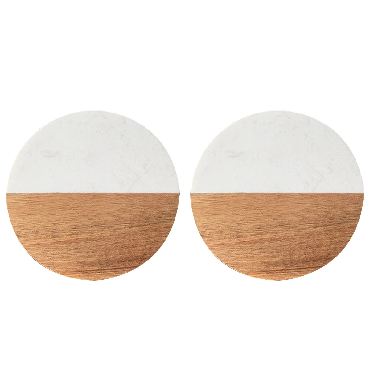 Two round coffee coasters with white marble and wood combination.