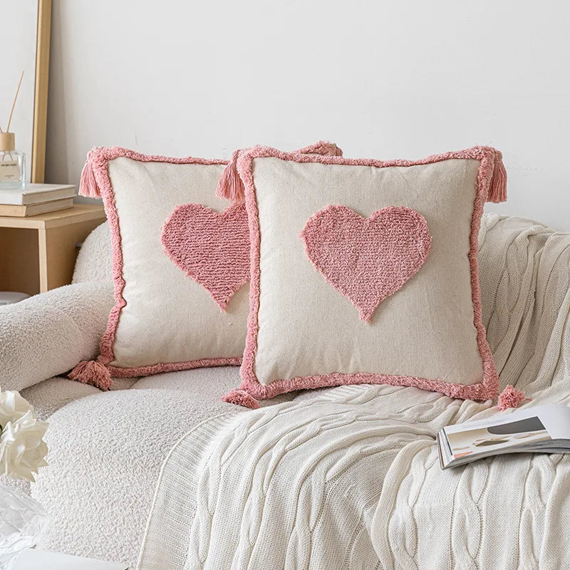 Pink Cotton Tufted Cushion Cover with Tassels