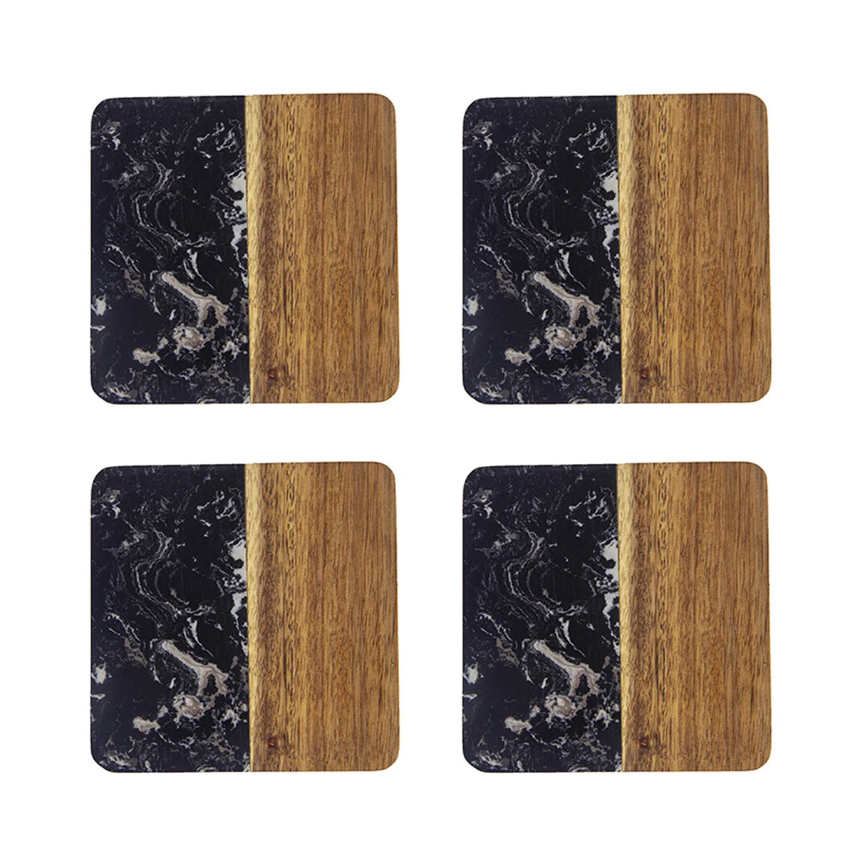 Four square coffee coasters with a split wood and black marble look.