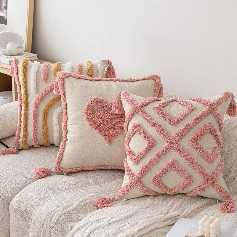 Pink Cotton Tufted Cushion Cover with Tassels