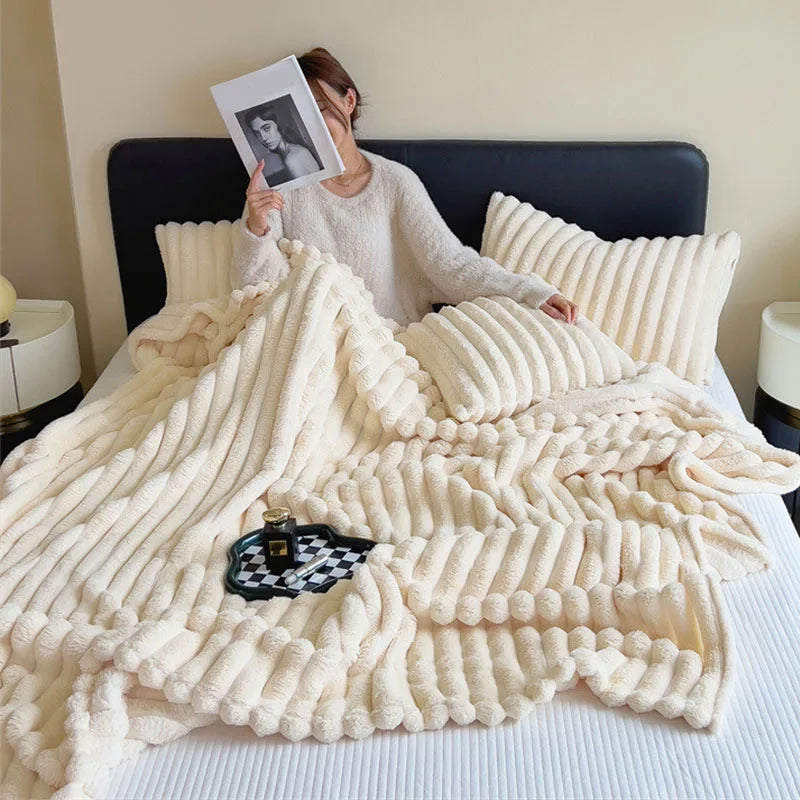 Faux Fur Ribbed Throw Soft Fleece Blanket