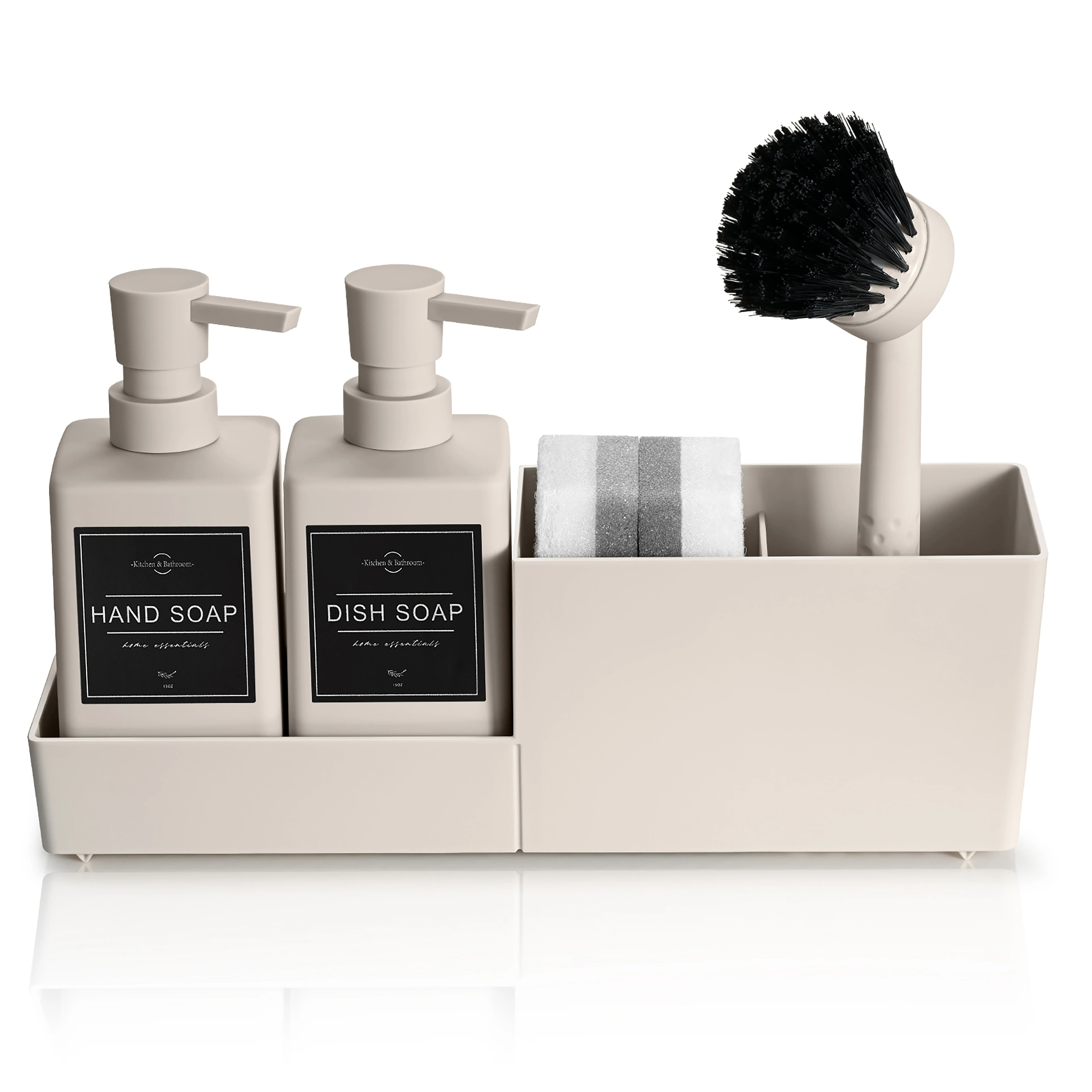 Beige kitchen soap dispenser set with dual bottles, sponge holder, and cleaning brush.