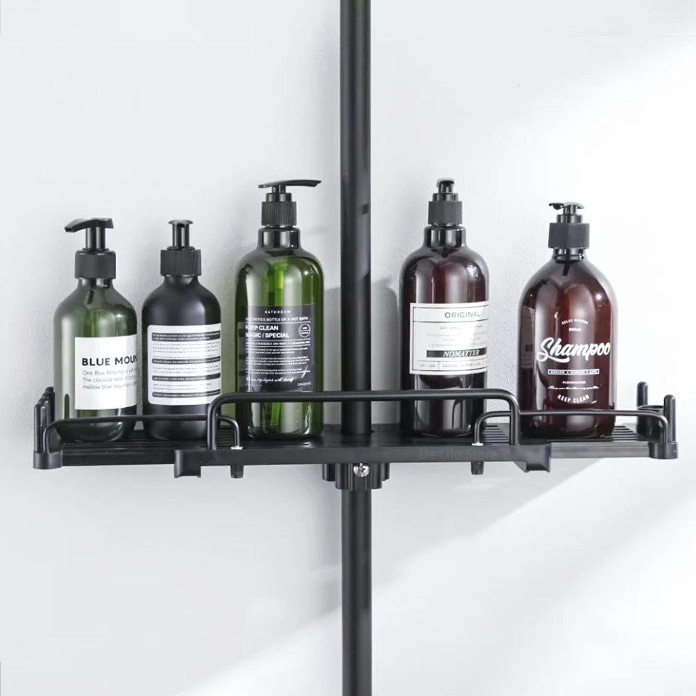 Shower shelf bathroom holding shampoo and soap bottles.