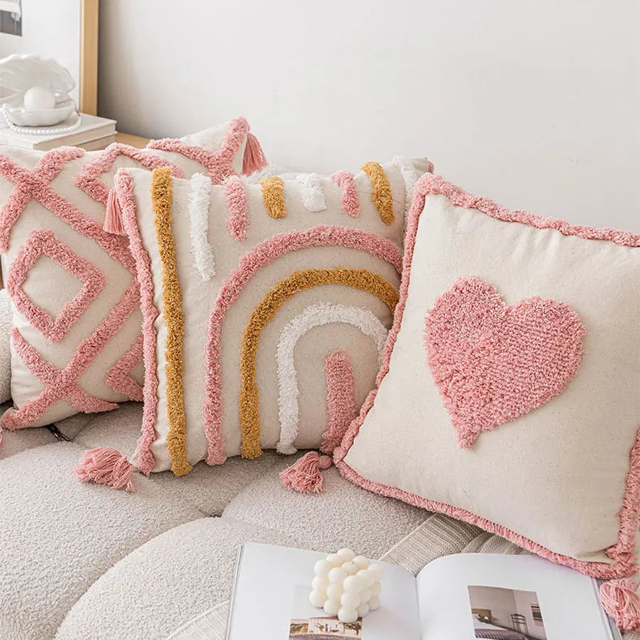 Pink Cotton Tufted Cushion Cover with Tassels