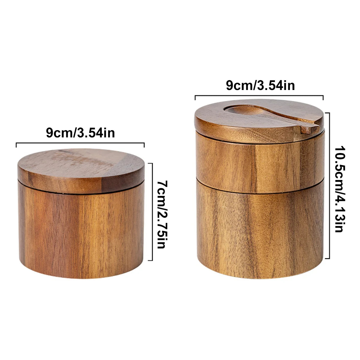 Size chart of single wooden salt cellar with lid.