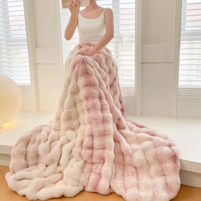 Chunky Waffle Faux Fur Throw Soft Fleece Blanket