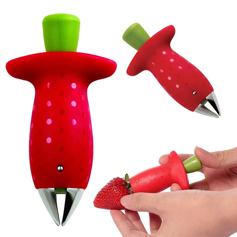 Red fruit corer with green handle and stainless steel tip.