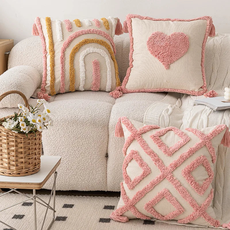 Pink Cotton Tufted Cushion Cover with Tassels
