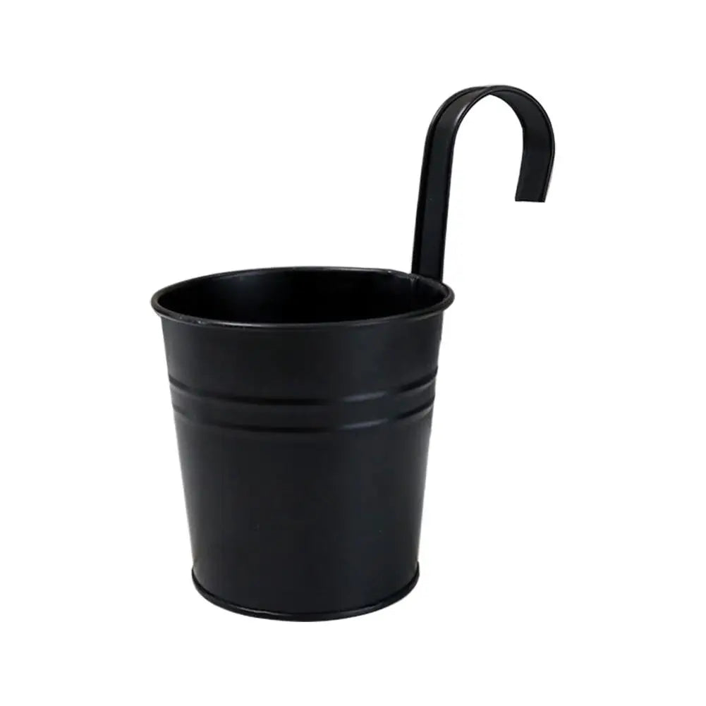 Black hanging flower pot shown empty on white background.