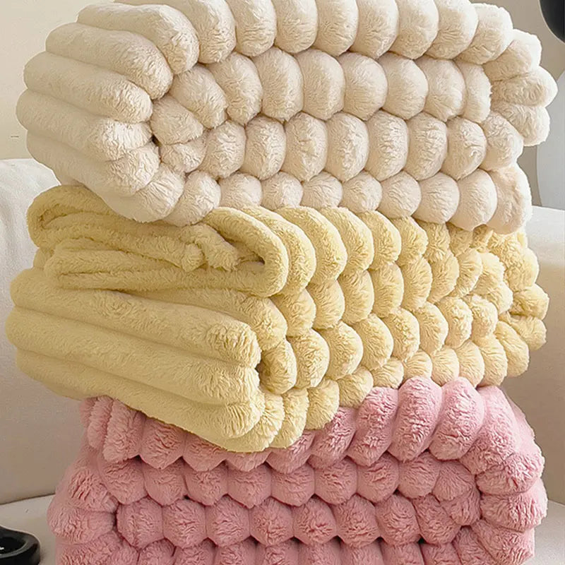 Faux Fur Ribbed Throw Soft Fleece Blanket