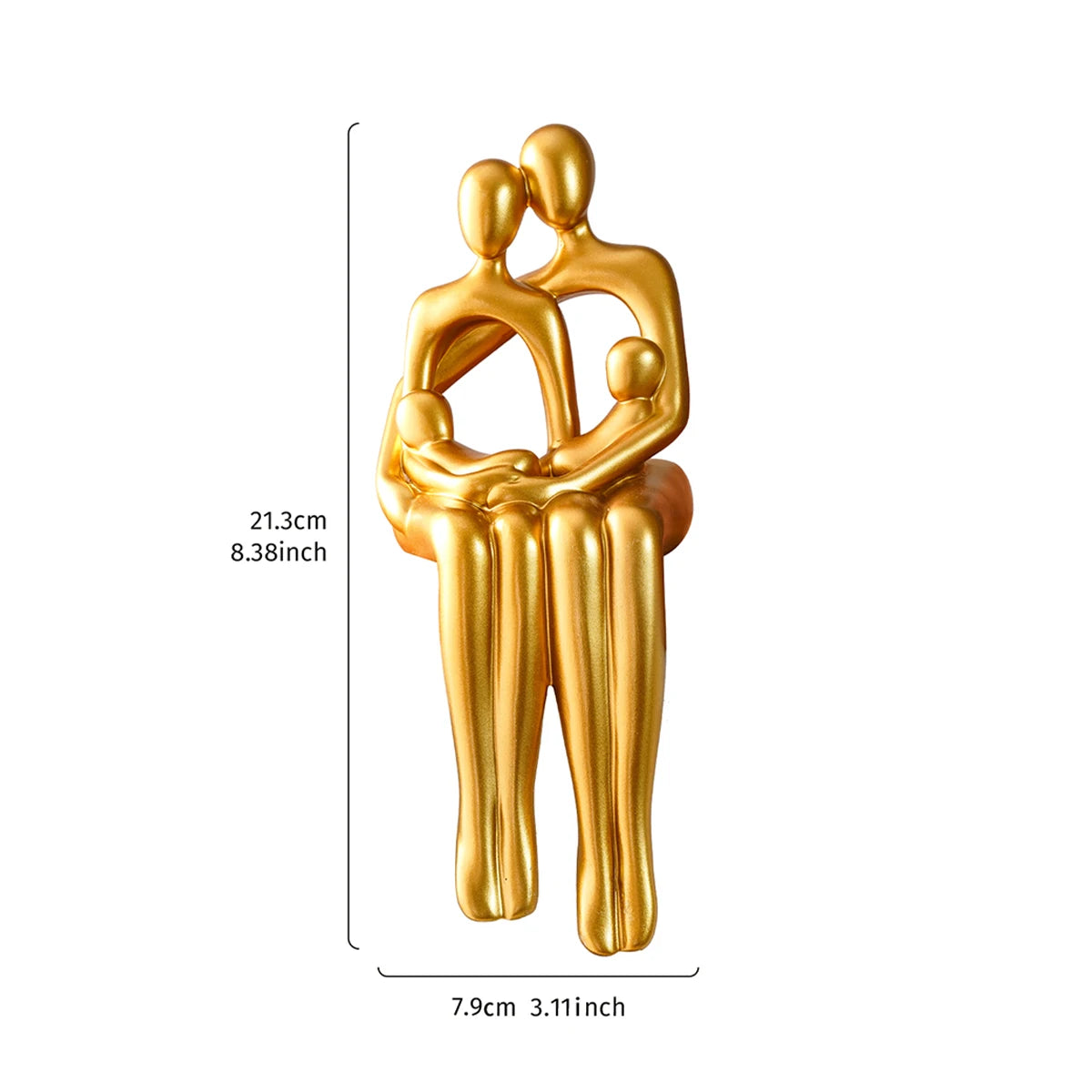 Golden hugging couple desk statue with height and width measurements.