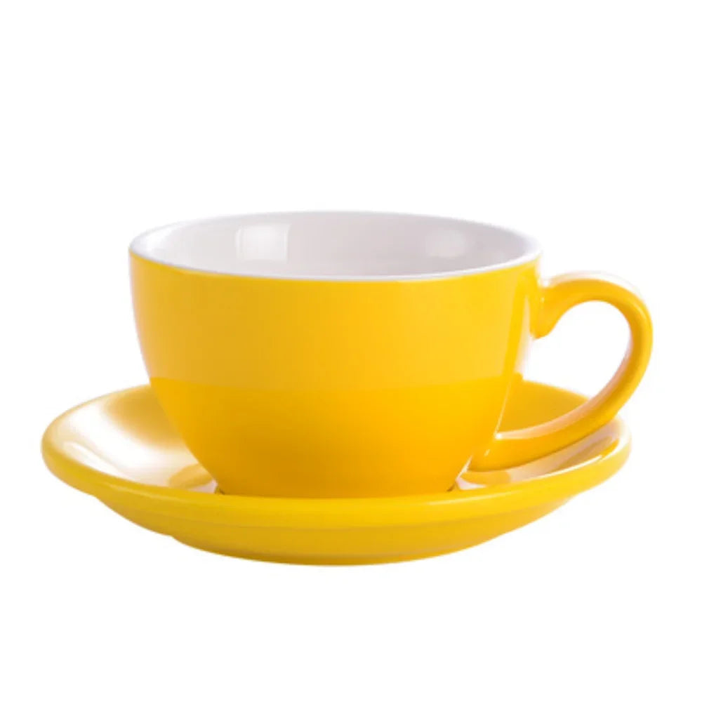 A yellow ceramic mug with a white interior and matching saucer.