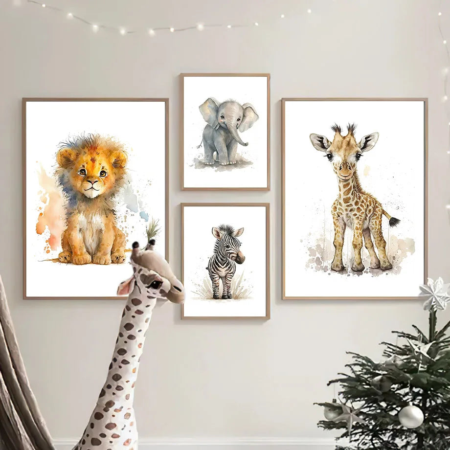 Cartoon Animal Watercolour Nursery Frameless Print