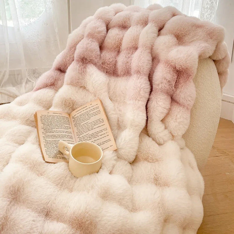 Chunky Waffle Faux Fur Throw Soft Fleece Blanket