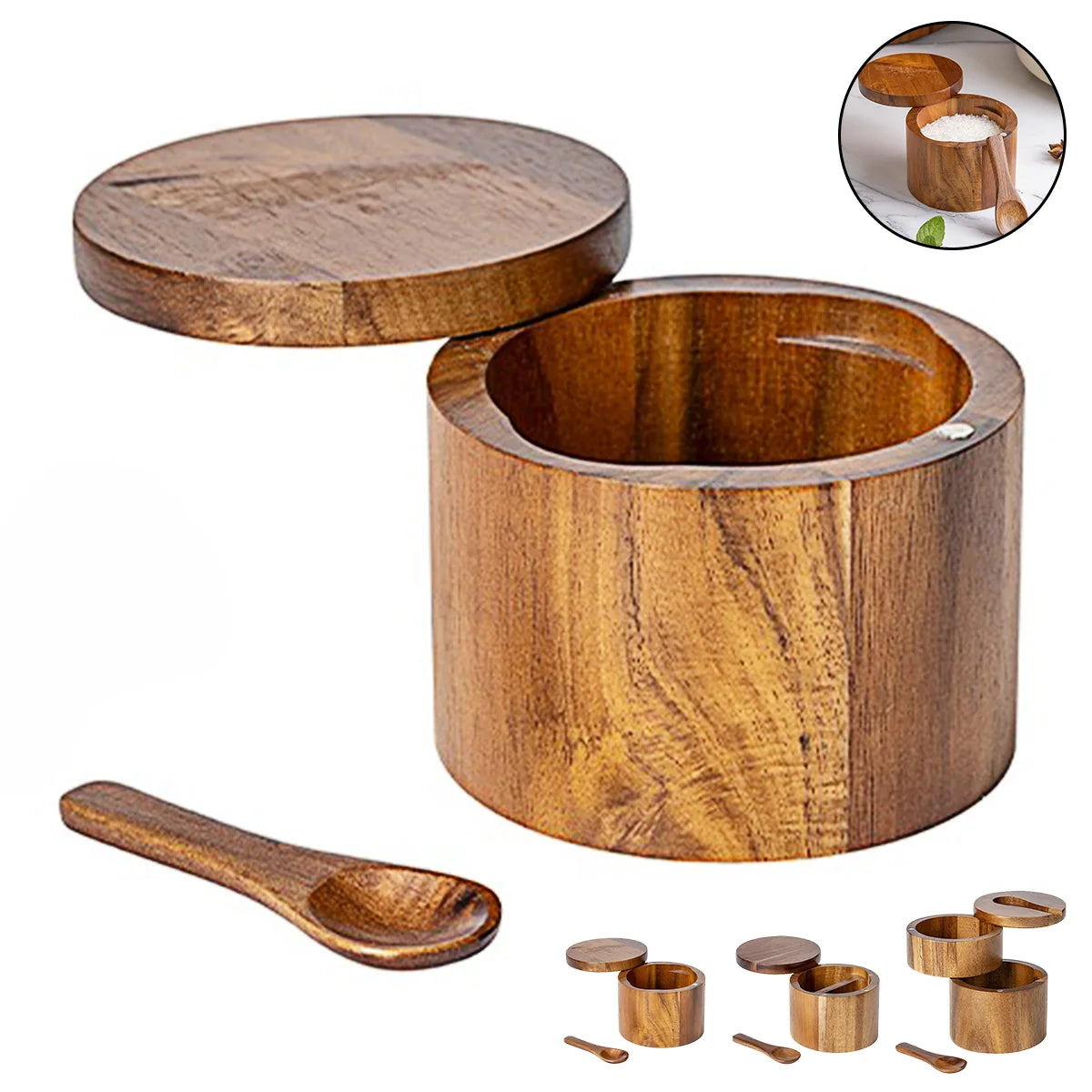 Open salt cellar with lid showing interior and matching spoon.