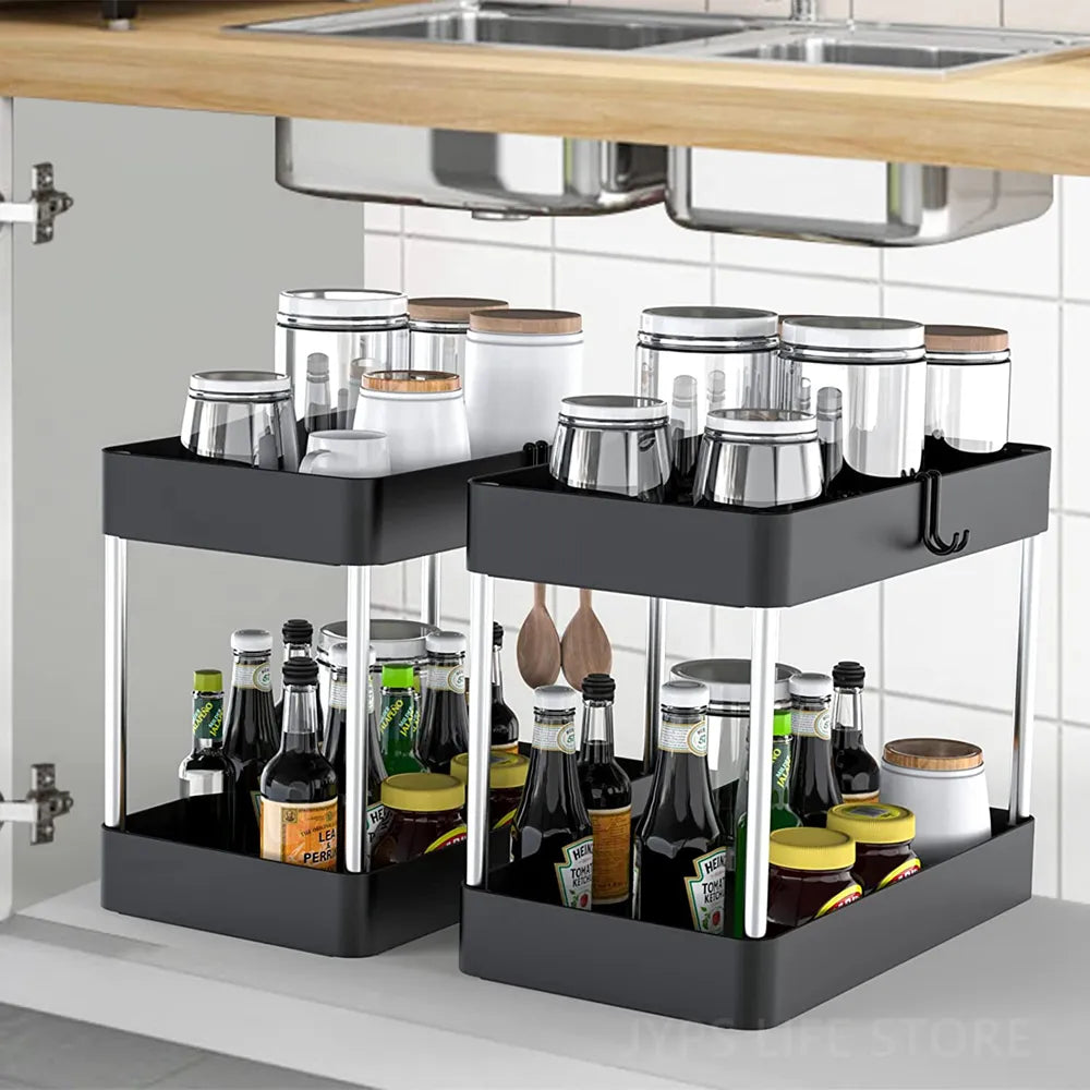 Two Tier Shelf Organiser with Hooks