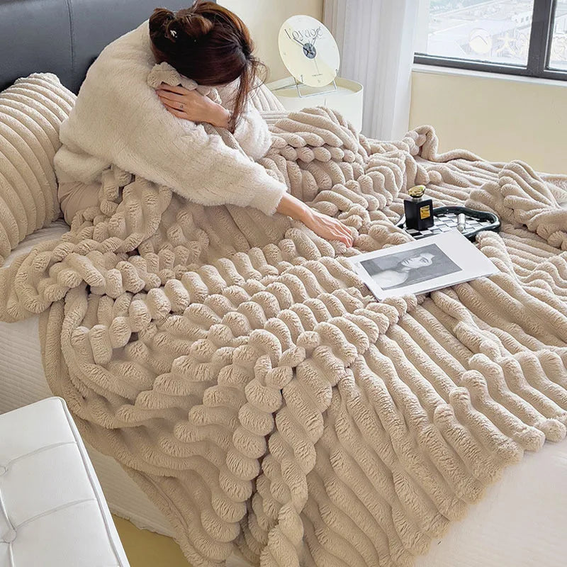 Faux Fur Ribbed Throw Soft Fleece Blanket